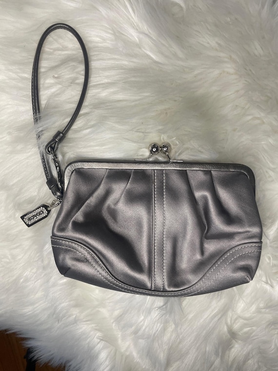 Coach Gray Satin Julia Kisslock Evening Bag With Leather Trim