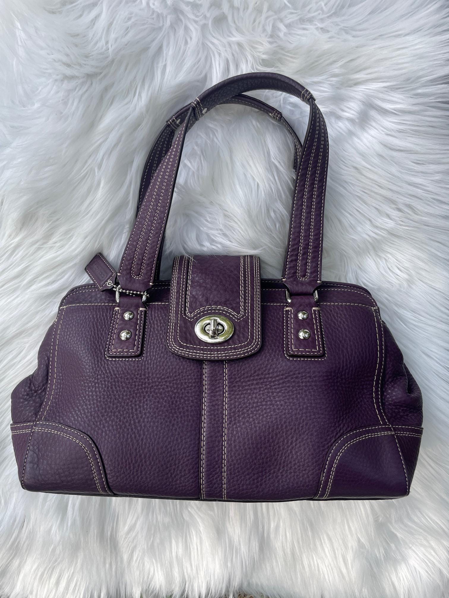 Coach Purple Hampton Leather Satchel Bag With Nickel Hardware 