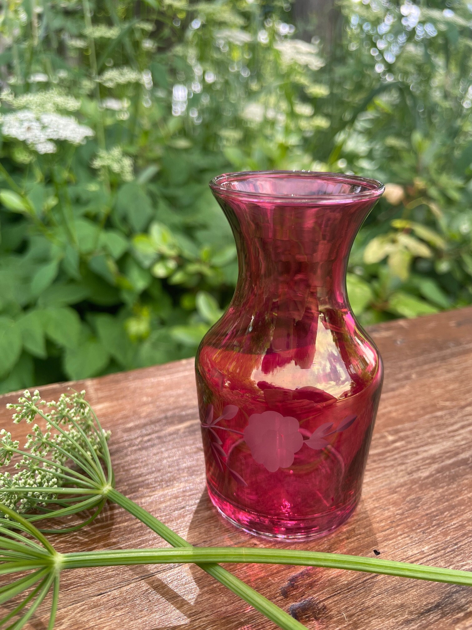 Vintage Bohemian Cranberry Etched Glass Vase - Etsy Vintage Bohemian Style Handblown Cranberry Etched Glass Vase with Grape Design main image 0