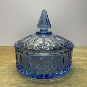 Vintage Indiana Glass Blue Diamond Point Covered Candy Dish