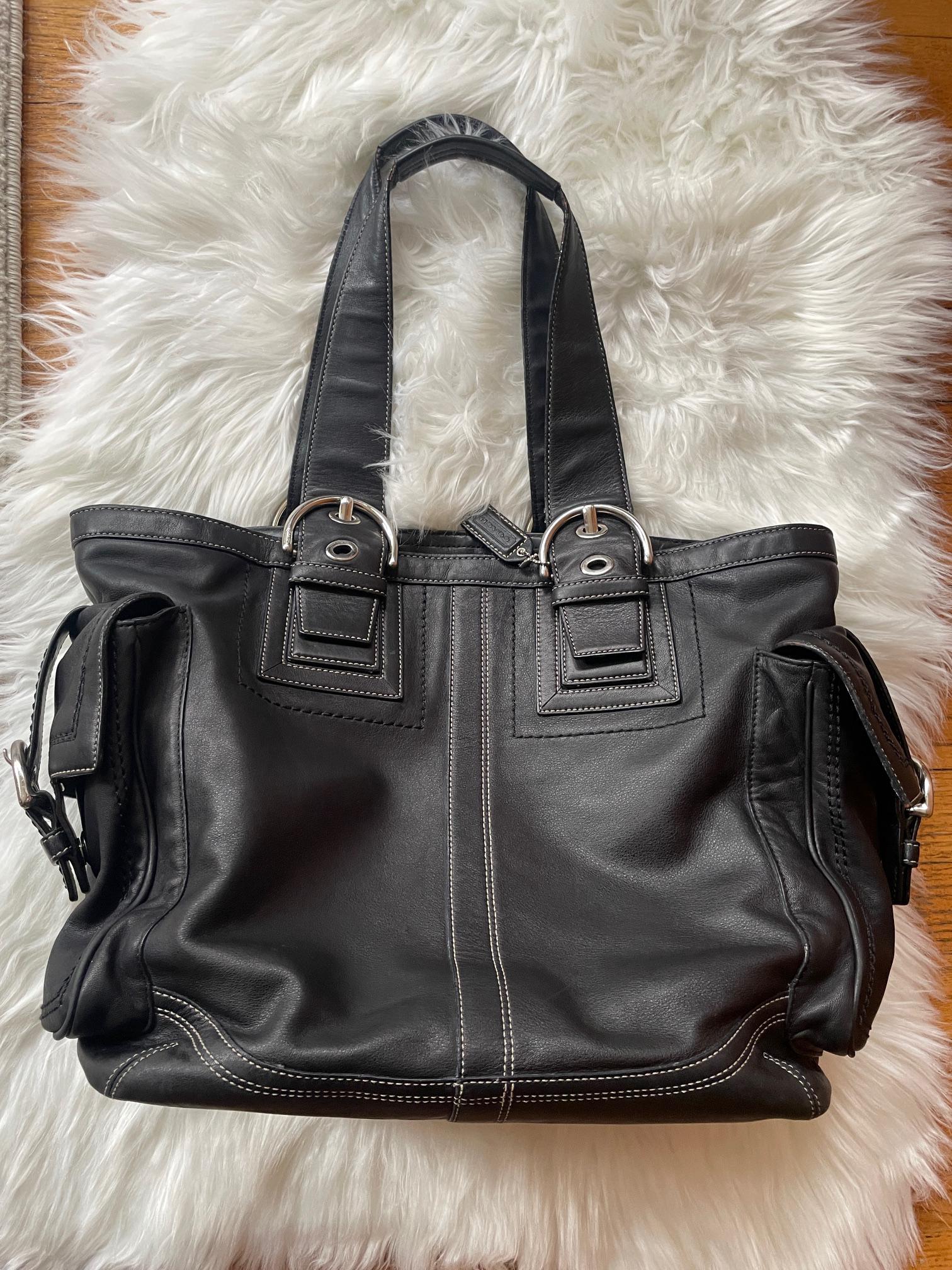 バッグ OLD COACH Large tote bag BLACK RARE Vintage X-Large Coach Black Leather Tote Hand Bag Made