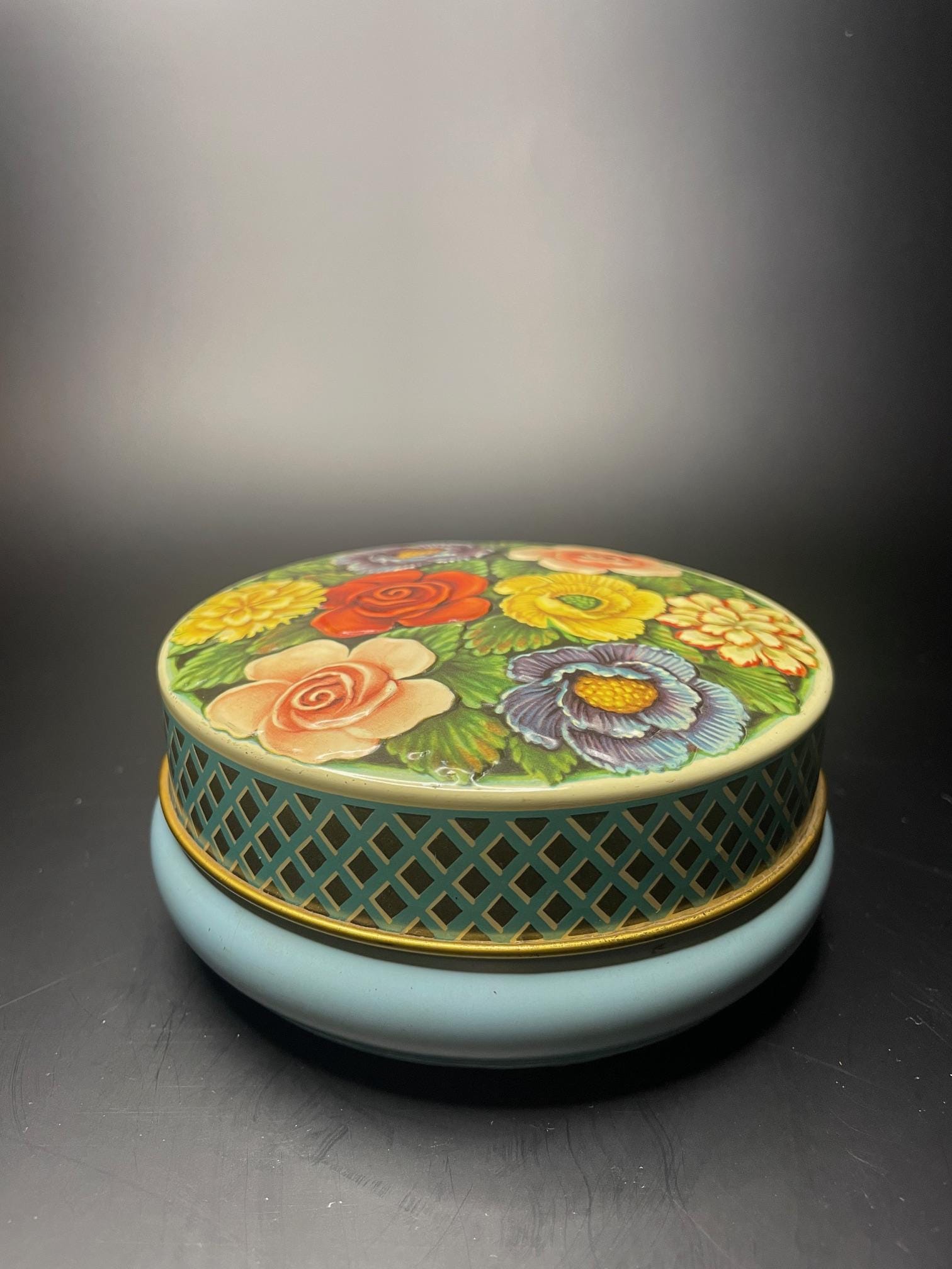 Vintage Riley's Toffee Robin's Egg Blue Lattice and Raised Floral