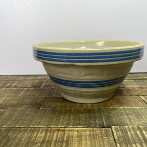 Vintage Yellow-ware Bowl with Blue Stripes