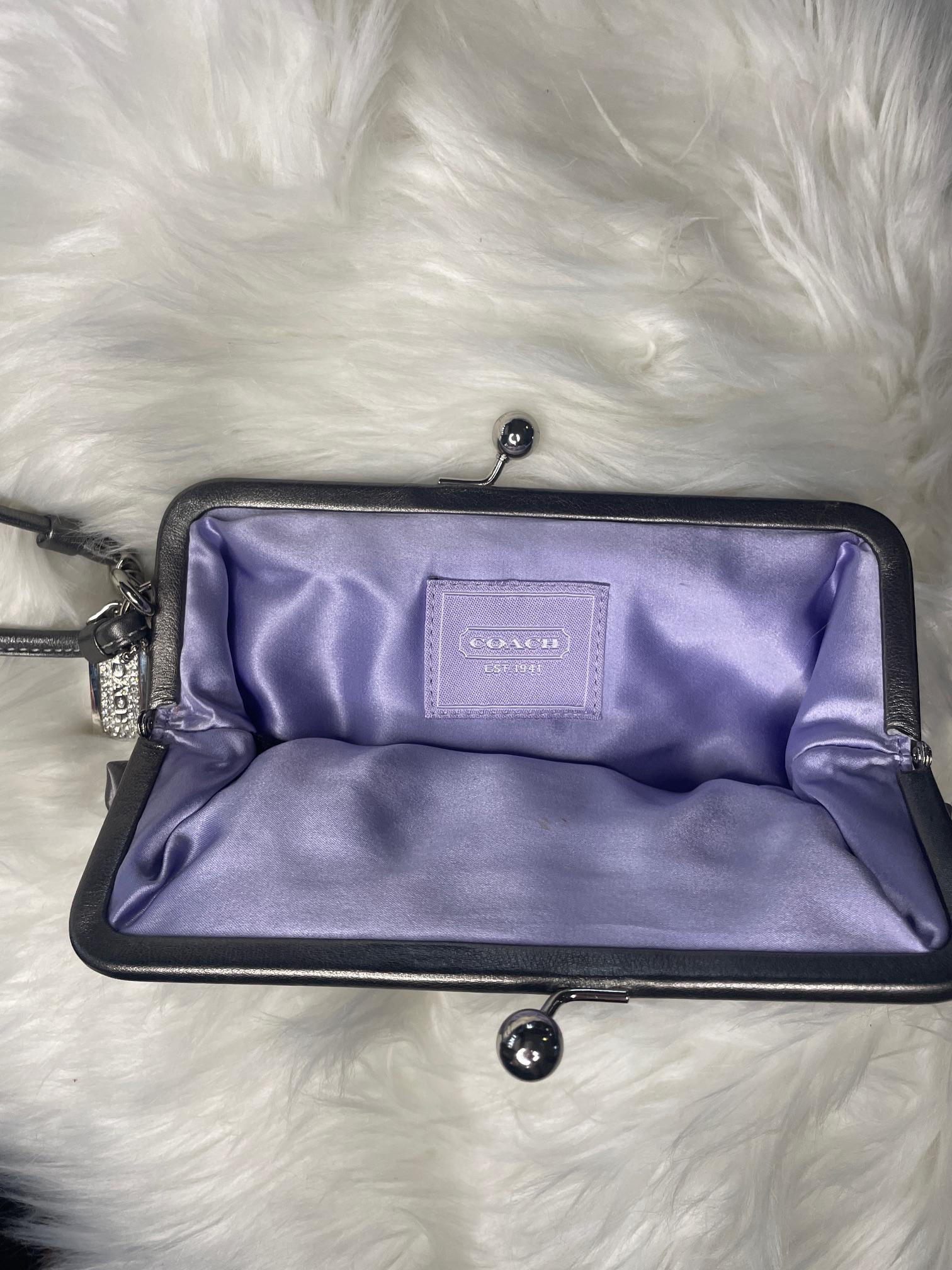 Coach Gray Satin Julia Kisslock Evening Bag With Leather Trim