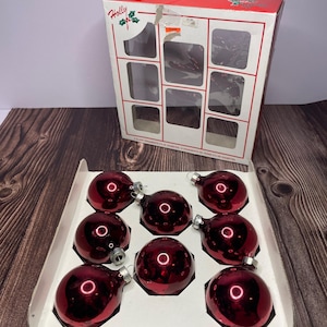 Vintage Set of Holly Ornaments with Original Box - Set of Eight (8) Red Ornaments