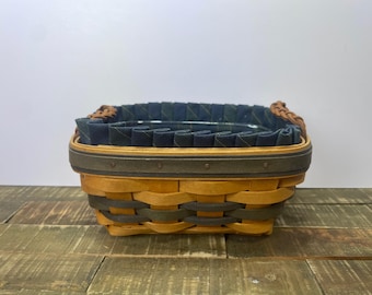 Cesta de renovação Longaberger vintage tecida à mão do Collector's Club com tecido azul e verde e forro de plástico #B286