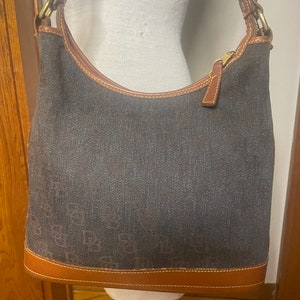 Vintage Dooney and Bourke Large Hobo Bag in Denim Signature Canvas with Brown Leather Trim