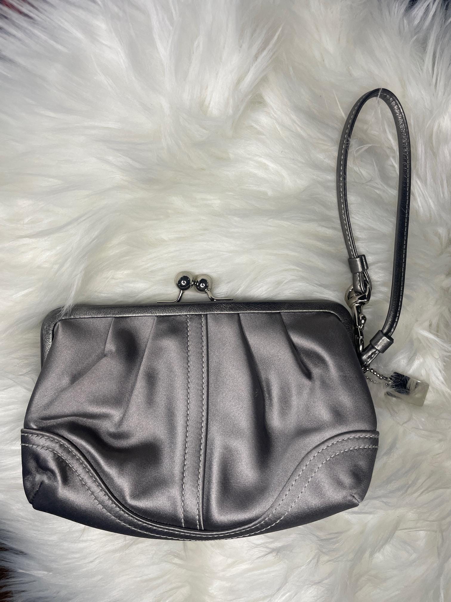 Coach Gray Satin Julia Kisslock Evening Bag With Leather Trim