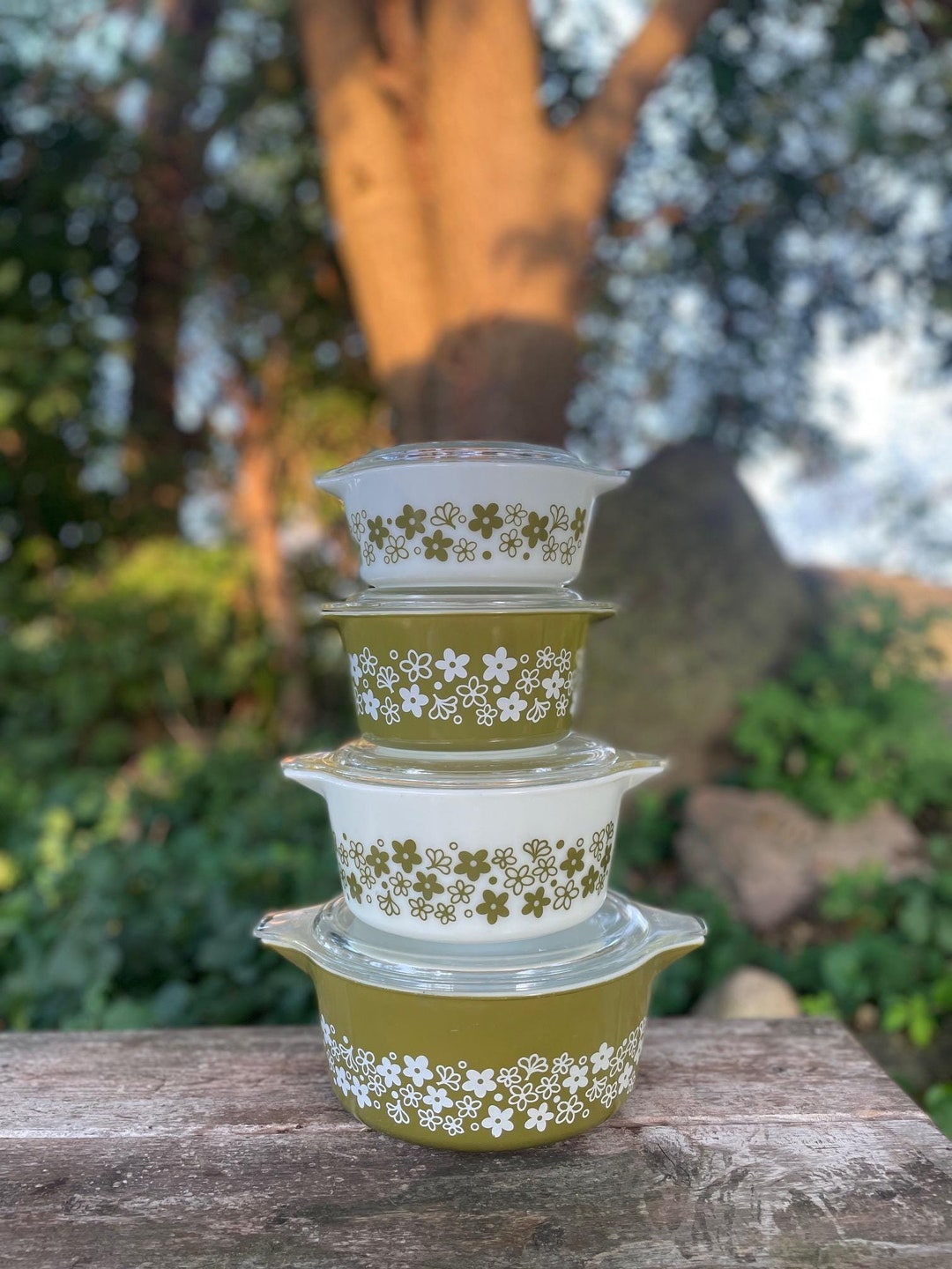 Vintage Pyrex Crazy Daisy / Spring Blossom Green Casserole Dishes and ...