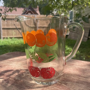 Vintage Pressed Glass Orange / Tomato Juice Pitcher with Oranges and Tomatoes