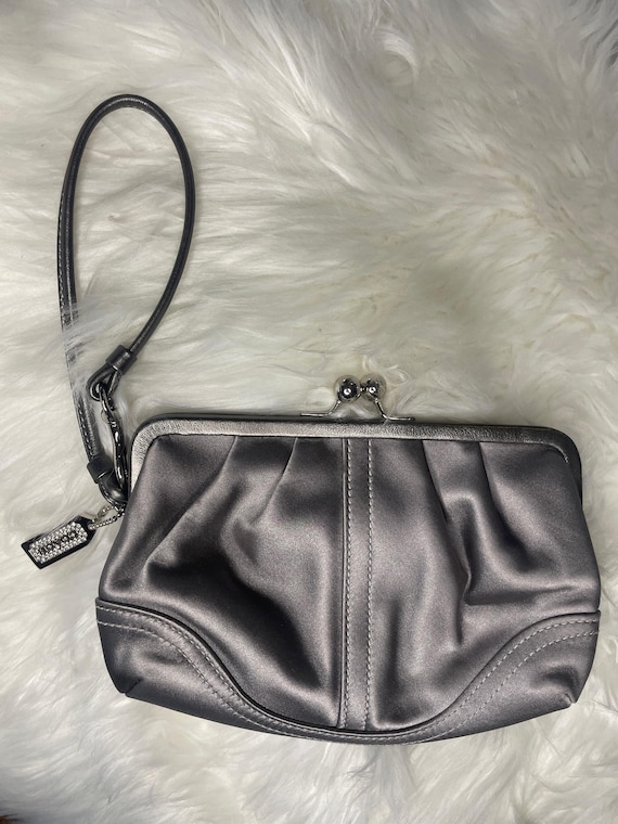 Coach Gray Satin Julia Kisslock Evening Bag With Leather Trim