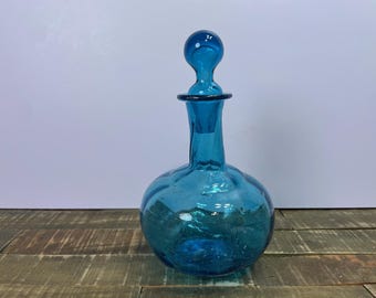 Vintage Turquoise Blown Glass Decanter with Stopper