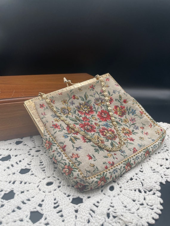 Floral Tapestry Clutch with Golden Chain