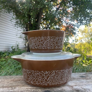 Vintage Set of Two Pyrex Cinderella Casserole Dishes and One Lid in Woodland Floral Pattern