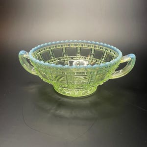 Vintage Uranium/Vaseline Glass Imperial Glass Company Beaded Block Jelly Bowl