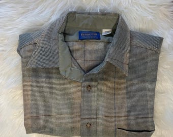 Camisa Pendleton vintage azul, tostado y crema con un bolsillo (talla grande)