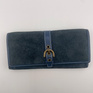 Vintage Coach Y2K Blue Suede Envelope Wallet with Signature Interior and Brass Hardware