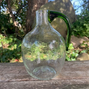 Vintage Blenko #417 Jug - Clear Crackle Glass with Olive Green Applied Handle