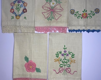 Vintage Hand Embroidered Flower Tea Towels with Doily Edges - Set of Five