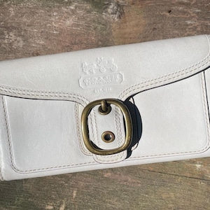 Vintage Coach White Bleeker Leather Trifold Wallet Light Blue Interior and Brass Hardware
