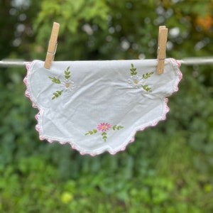 Set of Three Vintage Embroidered Doilies with Pink, White, and Yellow Flowers and Green Leaves and Crocheted Edge