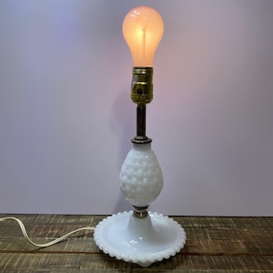 Vintage Hobnail Milk Glass Lamp with Attached Trinket Tray