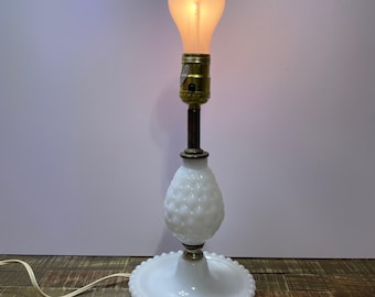 Vintage Hobnail Milk Glass Lamp with Attached Trinket Tray