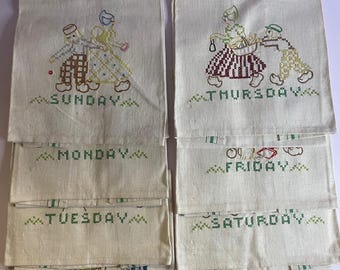 Vintage Embroidered Days of the Week Tea Towels