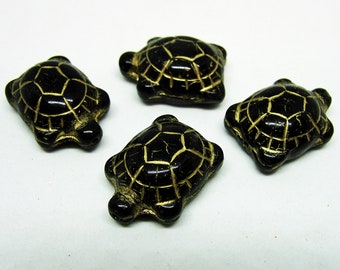 Gold Inlay Beads 19x14mm 8 Czech Glass Turtles Chroust