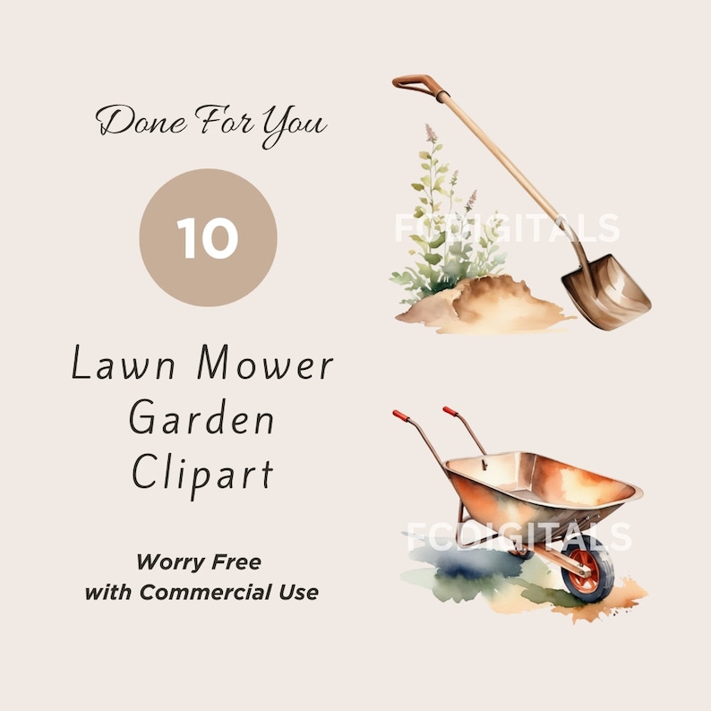 May include: A set of 10 watercolor illustrations of lawn mower garden clipart. The illustrations include a shovel, a wheelbarrow, and a lawnmower. The illustrations are done in a watercolor style and are perfect for use in digital or printed projects.