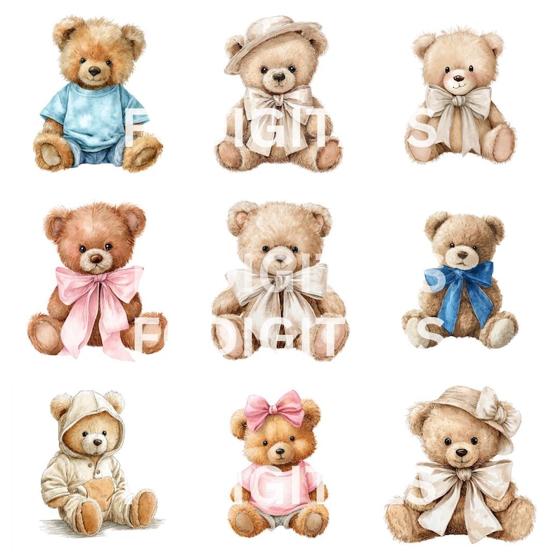Teddy Bear Watercolor Clipart, Baby Shower, Nursery Wall Art, Digital ...