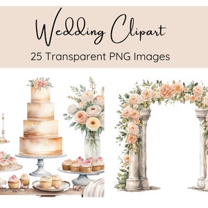 Hochzeit Clipart Bundle, Aquarell Hochzeit Clipart, 25 PNG transparenten Hintergrund, digitaler Download, Hochzeitseinladungen, Papier Handwerk