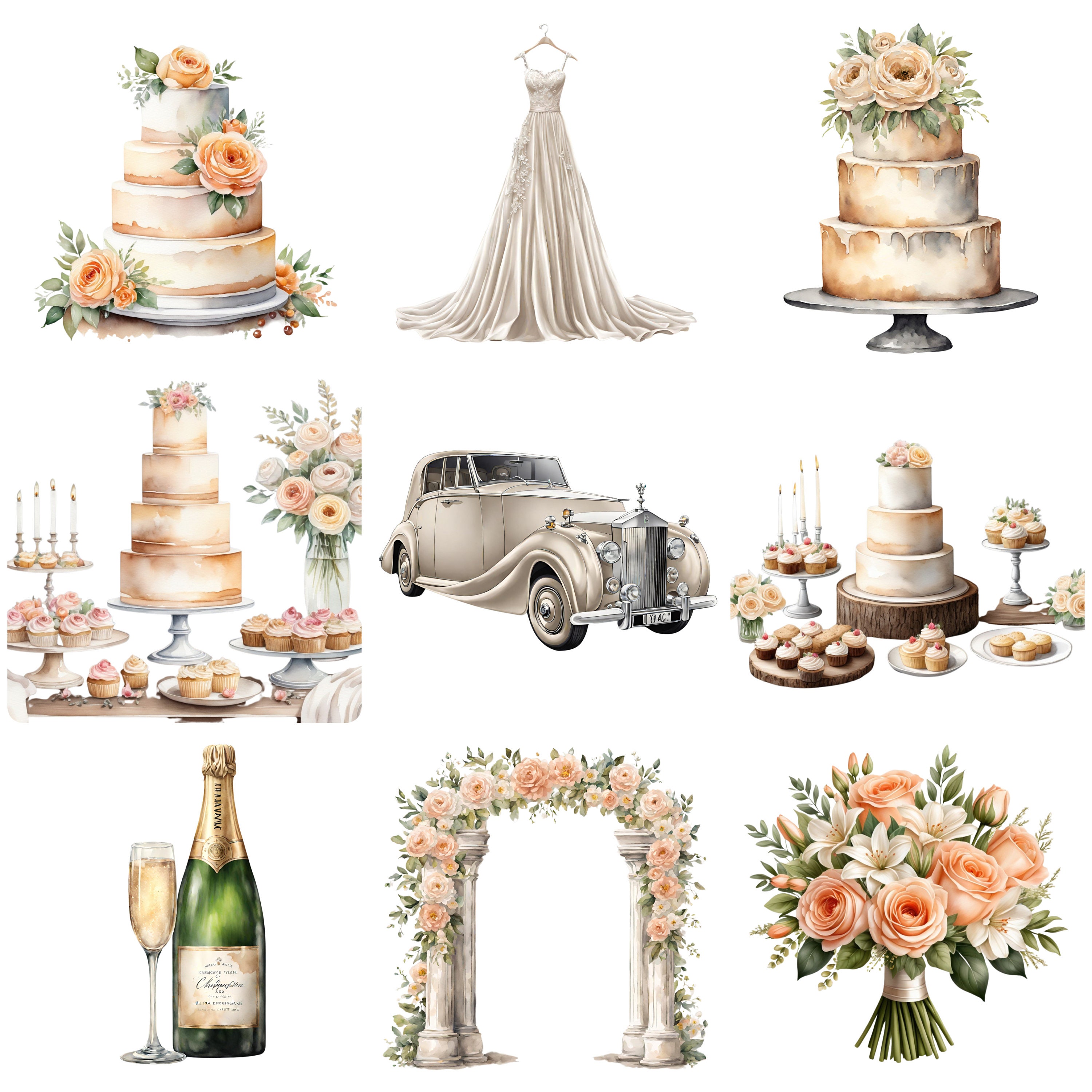 Wedding Clipart Bundle, Watercolor Wedding Clipart, 25 PNG Transparent ...