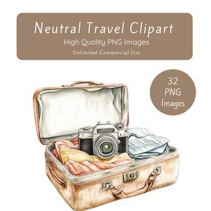 Neutral Travel Clipart, Vacation Clipart, Tourism Clipart, Suitcase, Travel Girl Clipart, Digital Download, Junk Journal, Travel Scrapbook