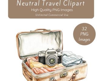 Neutral Travel Clipart, Vacation Clipart, Tourism Clipart, Suitcase, Travel Girl Clipart, Digital Download, Junk Journal, Travel Scrapbook