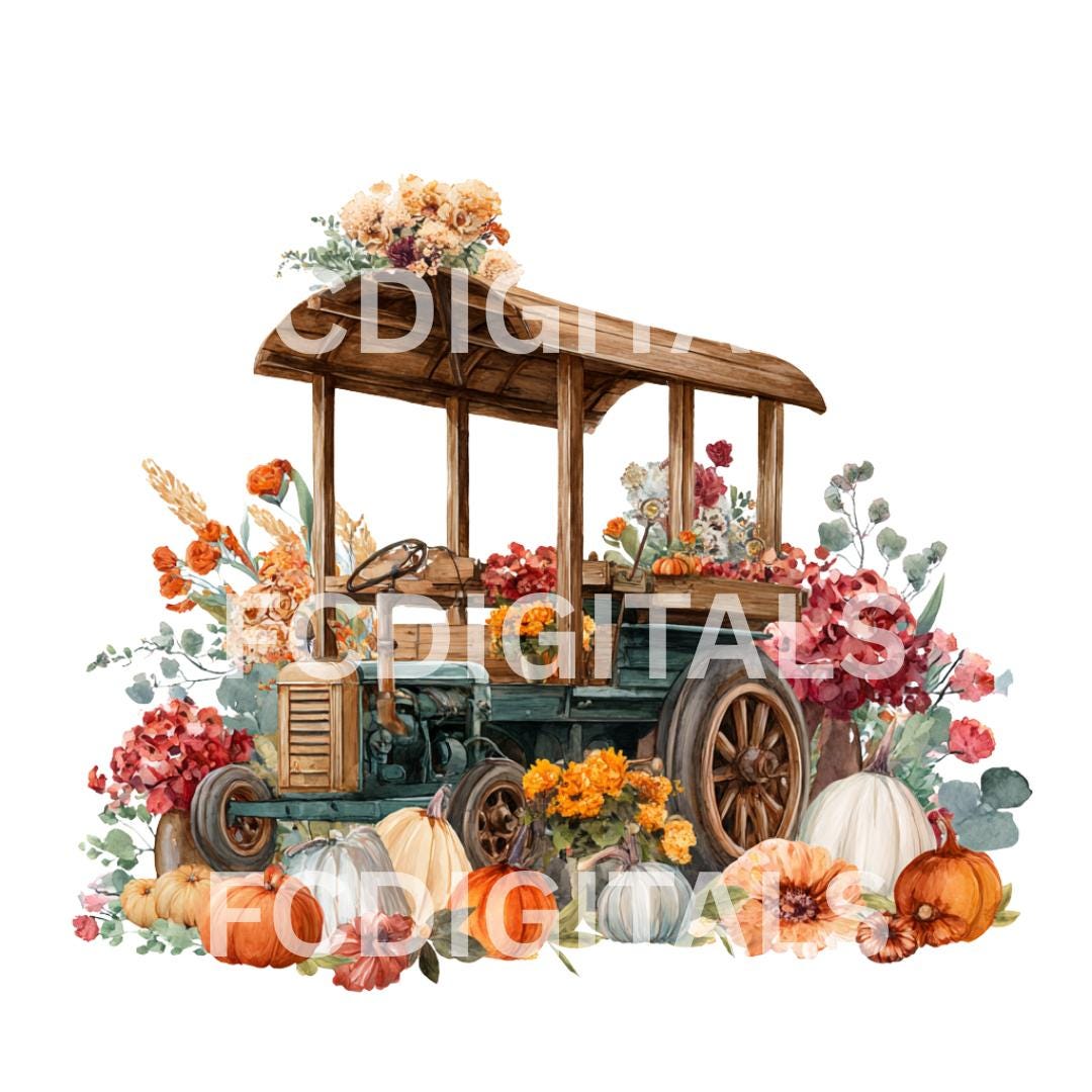 Fall Tractor Clipart, Autumn Harvest, Printable Watercolor Clipart ...