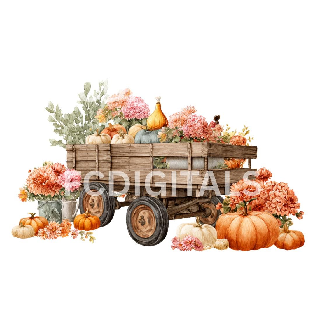 Fall Tractor Clipart, Autumn Harvest, Printable Watercolor Clipart ...