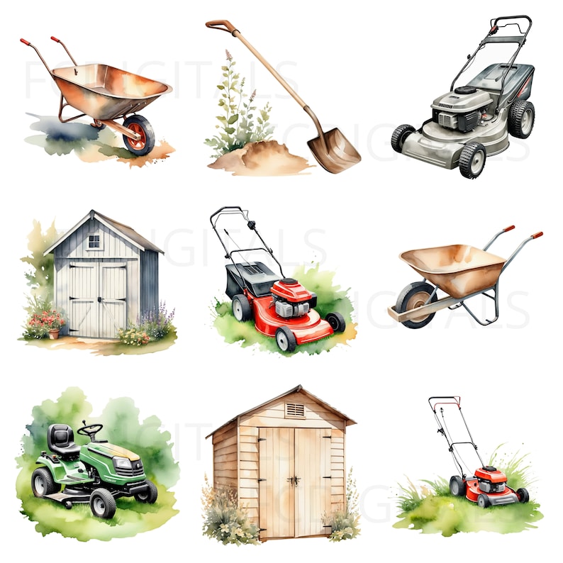 May include: A set of watercolor illustrations of gardening tools and equipment, including a wheelbarrow, a shovel, a lawnmower, and a shed. The illustrations are painted in a realistic style and feature a variety of colors, including green, brown, red, and gray.