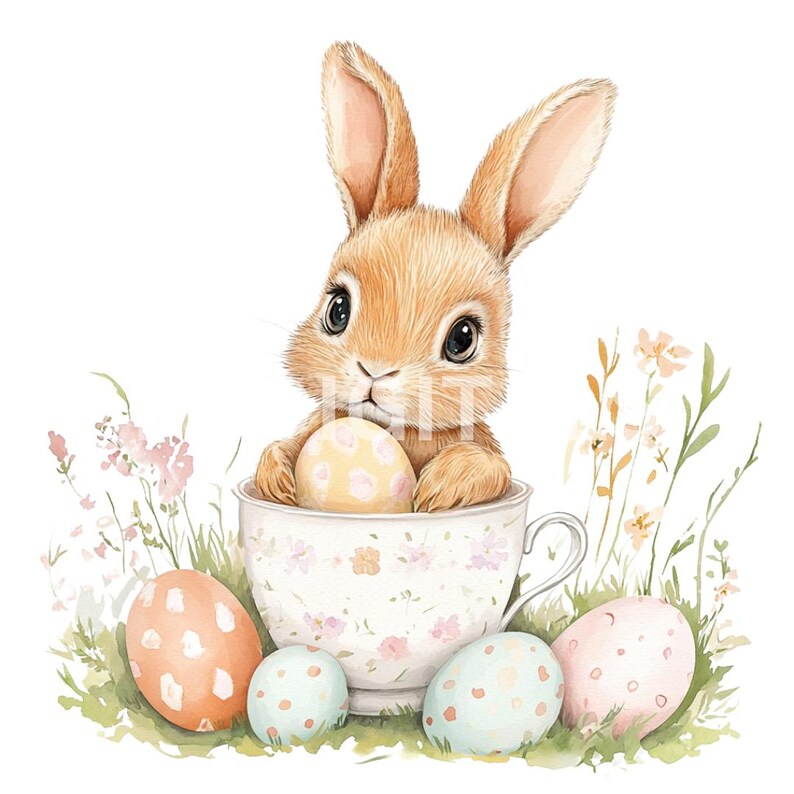 Bunny in Teacup Clipart, Watercolor Easter Bunny Clipart, Baby Bunny ...