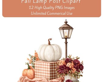 Watercolor Fall Lamp Post Clipart: Autumn Floral PNG Images (Digital Download)