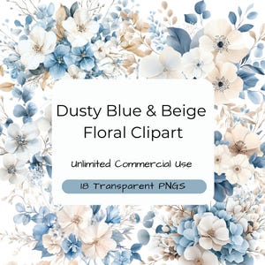 Dusty Blue Floral Clipart, hellblau und Beige Blumenstrauß, Aquarell Clipart für Einladungen, transparente PNG-Bilder, Hochzeit, Baby