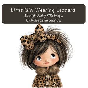 Pode incluir: Ilustração de uma menina de desenho animado com cabelo castanho, usando um laço, casaco e gola de pele com estampa de leopardo. A imagem inclui o texto "Little Girl Wearing Leopard" e "12 High Quality PNG Images Unlimited Commerical Use."