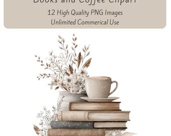 Books and Coffee Clipart, Coffee Clipart, Books and Flowers, Printable Clipart, Digital Download, Cozy Graphics, Paper Craft, Junk Journals