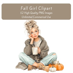 Fall Girl Clipart, Autumn Clipart, Pumpkin Clipart, High Quality PNG Graphics, Cozy Girl Clipart, Junk Journal, Instant Digital Download