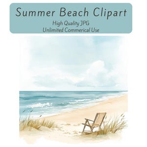 Summer Beach Clipart, Watercolor Summer Illustrations, Printable Clipart, Wall Art Prints, Digital Download, High Quality JPG Images