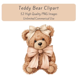 Może przedstawiać: Akwarelowa ilustracja brązowego misia z jasnoróżową kokardą i pasującą kokardą na głowie. Obraz zawiera tekst "Teddy Bear Clipart" oraz szczegóły dotyczące obrazów PNG.