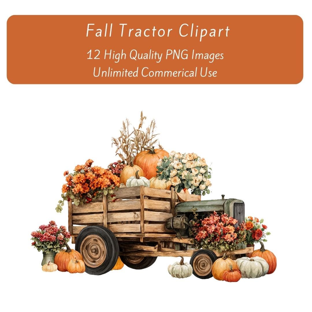 Fall Tractor Clipart, Autumn Harvest, Printable Watercolor Clipart ...