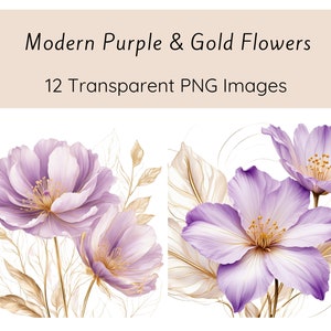 12 Watercolor Flowers Clipart, Purple Gold Flowers, Transparent PNGs, Modern Abstract Flowers Clipart, Paper Craft, Commercial Use Clipart