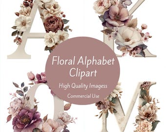 Floral Alphabet Clipart, Watercolor Letters Clipart, Floral Letter Monogram, Initial Clipart, Printable Clipart, Nursery Decor, Personalized