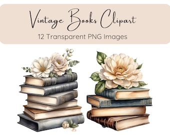 Vintage Books Clipart, Watercolor Stack of Books Clipart, Printable Clipart, Transparent PNGs, Scrapbooking, Digital Download, Junk Journal